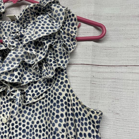 J. Crew 100% Silk Grey White Heart Ruffle Neck Sleeveless Tunic Blouse Size 4 - Picture 3 of 8